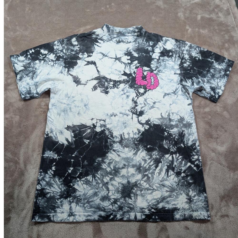 Liquid Death Graphic Tee Mens Medium Black White Tie Dye Skulls Mushrooms Shirt